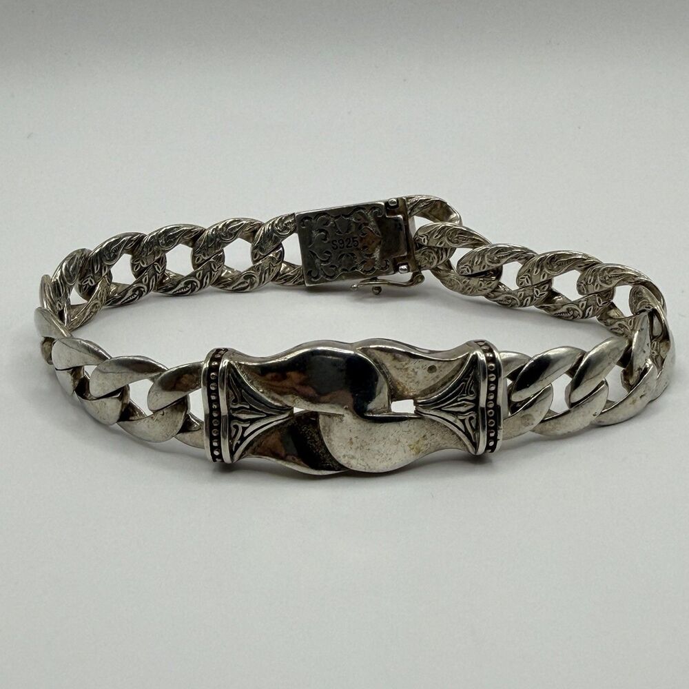 Heavy Sterling Silver Cuban Link Bracelet 9" 38.4g Ornate Center Men's